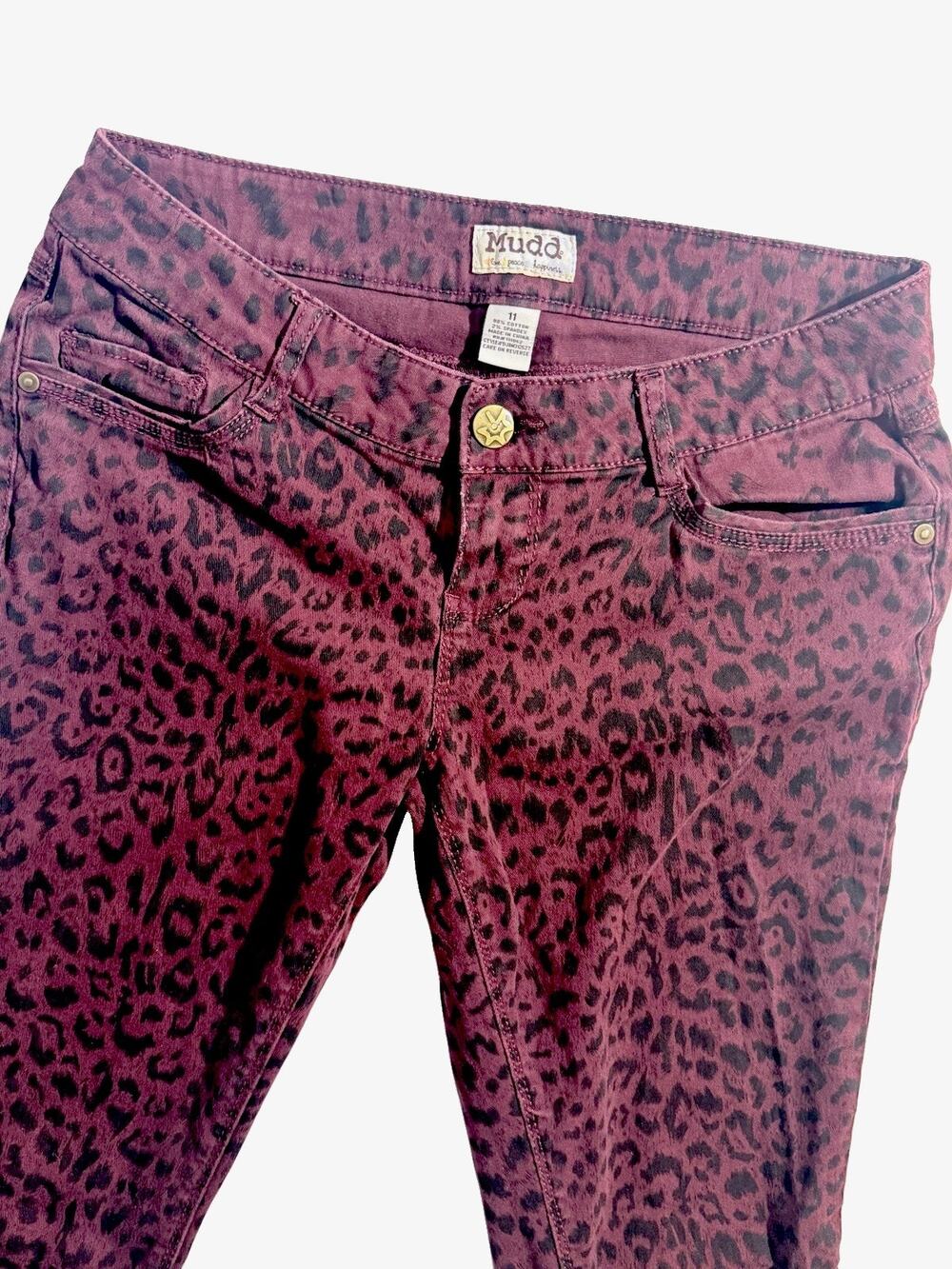 Mudd Jeans Juniors 11 Burgundy Leopard Print Skinny Stretch Y2K Grunge